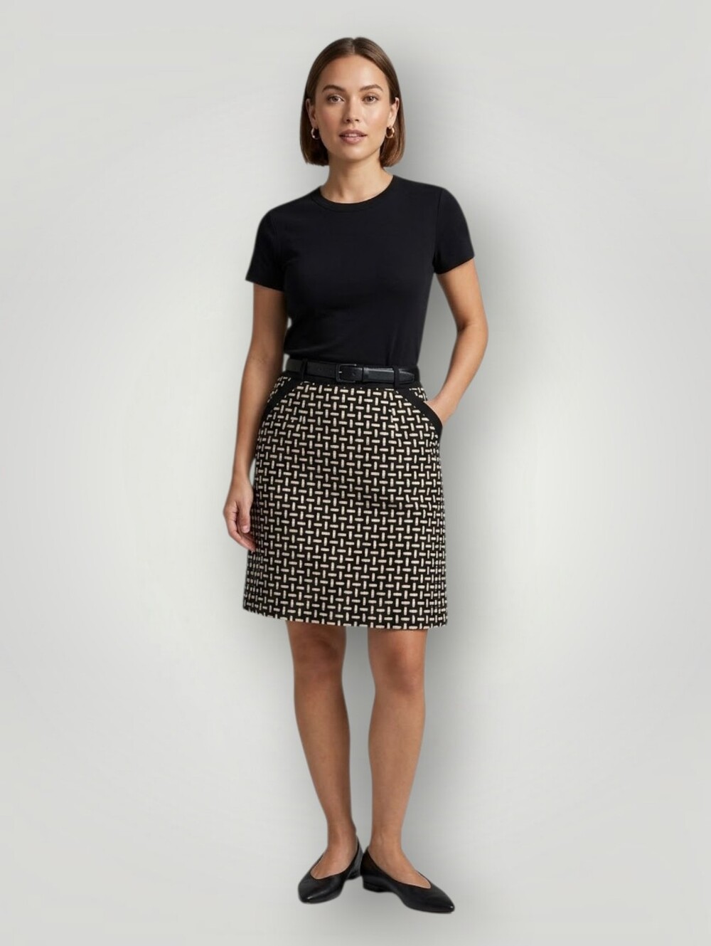 Talbots Petites 12P Wool Skirt Black Cream Basketweave Italian Fabric A-Line Lin